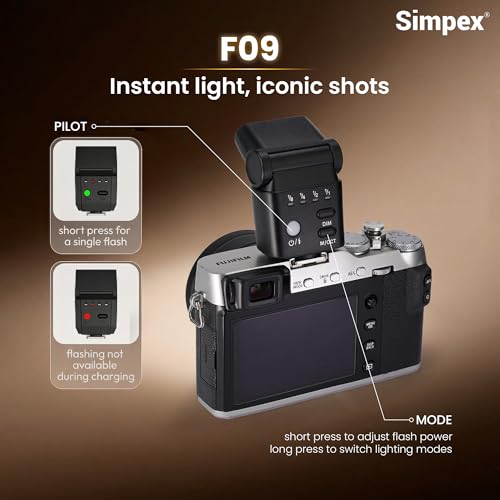Image of Simpex Mini Camera Flash F09, Mini Speedlite with Guide Number 8, 6500K Colour temprature, in Built li-on Battery with Type-C Charging and Universal Compatibility.