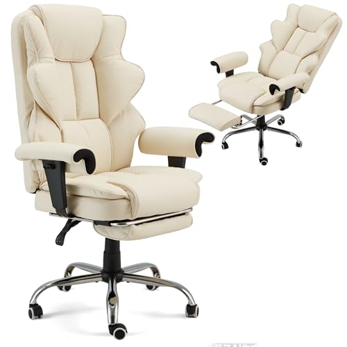 Heated Massage Office Chair with Footrest - 350lbs Heavy Duty Ergonomic Executive Chair 6-Point Vibration & Lumbar Heat 155 Reclining PU Leather Computer Desk Chair for Home Office (Beige)