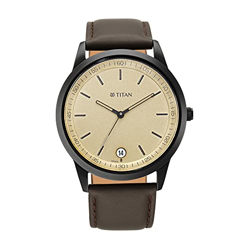 Image of Titan Minimalist Timeless Style Quartz Analog With Date Champagne Dial Dark Brown Leather Strap Watch for Men - NP1806NL02