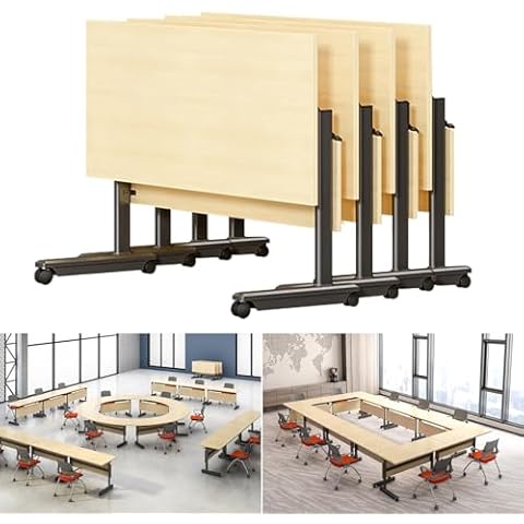 HDXZTQ Folding Conference Room Table,55.1" L x 23.6" W x 29.5" H Meeting Seminar Table with Wheels,Boardroom Training Table for Office Conference Room (4) Cover