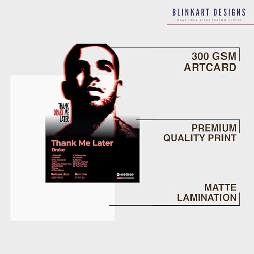 Image of BLINKART Drake - Thank Me Later Wall Photo Frames | Wall Art for Bedroom, Living Room, Studio or Office | Album Cover Print with Spotify Song Link QR Code | Gift for Fans - 8x12 In