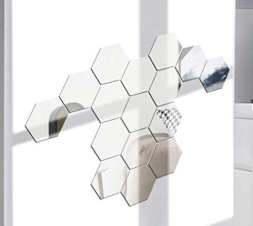 Hitopin 16 Piezas Espejo de Acrílico Desmontable Pegatina Pared Adhesivos Espejo de Acrílico Hexagonales, para Hogar Sala de Estar Dormitorio Decoración (Plata)