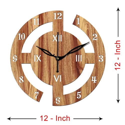 Image of SKYVILLA 12 Inch Wooden MDF Analog Wall Clock with English Numerals, Romans | Silent Quartz Movement | Lightweight Without Glass Design for Home