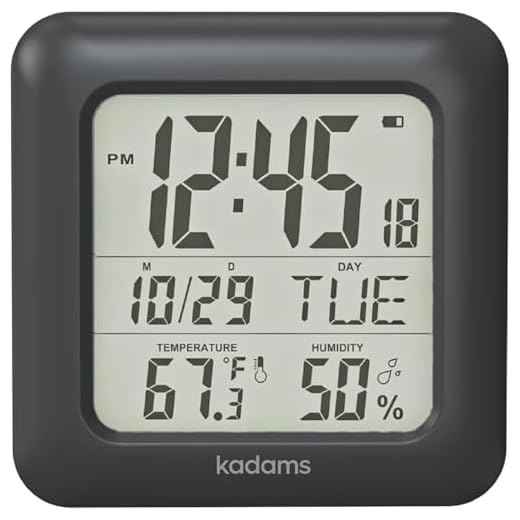 KADAMS Bathroom Clock Wall with Shatterproof LCD Screen – Waterproof Shower Clock Water Resistant with Temperature & Humidity Display Calendar in 7 Languages with 4 Installation Options, Black