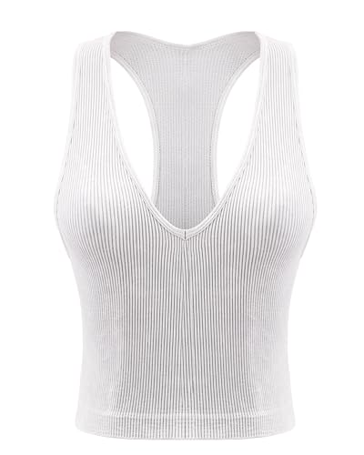 Attifall Women's 3 Pack Ribbed Racerback Crop Tank Top Seamless V-Neck Athletic Workout Cropped Tank Top Set(7302 White-M/L