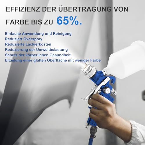 HVLP - Pistola a spruzzo con 4 ugelli 1,4/1,7/2,0/2,5 mm, pistola a spruzzo professionale a gravità, con bicchiere di plastica da 600 ml, misuratore di pressione (blu)