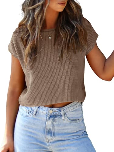 Image of LCXWFE Womens Summer Cropped Sweater Vest Trendy Cap Sleeve Crop Tops Crew Neck Loose Knit Tank Top