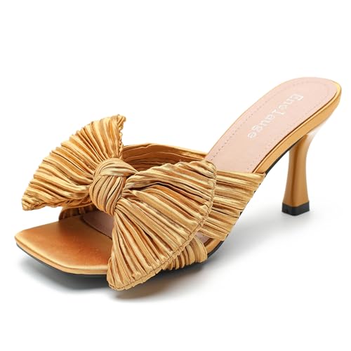 Women's Bow Knot Heeled Sandals Open Toe Low Kitten Heels Mules Sandals Slip On Pleated Wedding Bridal Party Dress Shoes