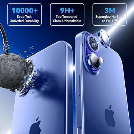 Image of for iphone 16 /16 Plus camera lens protector Tempered Glass Aluminum Alloy Ring with Camera Cover (Blue)