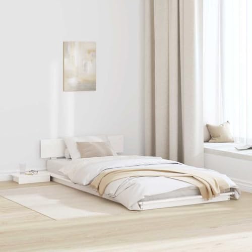 vidaXL Estructura de Cama de Suelo con mesas de Noche Blanca 90X190Cm Madera Maciza Diseño Integrado Solución de Almacenamiento Muebles de Dormitorio para Adultos Cama de Plataforma Estilo Japonés Ah