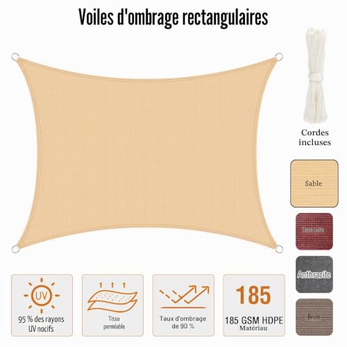 Voile d'ombrage haut de gamme 185g/m² HDPE résistant couleur sable - 5