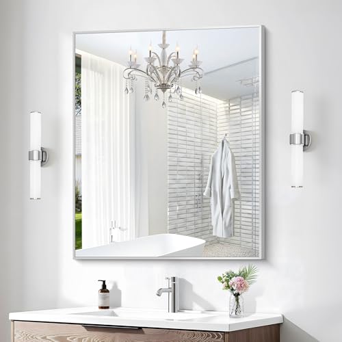 BONEWEI Silver Bathroom Mirror,30x36 inch Wall Mirror for Bathroom Wall Mounted,Rectangle Mirror for Bathroom Over Sink,Modern Metal Frame for Living Room,Bedroom Entryway,Horizontal/Vertical by BONEWEI - Used condition - Image 3
