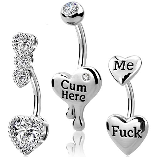 OUFER 3PCS Belly Button Rings Heart Clear CZ 316L Surgical Steel Belly Rings Heart Shaped Letter Navel Rings Belly Rings Belly Piercing Jewelry