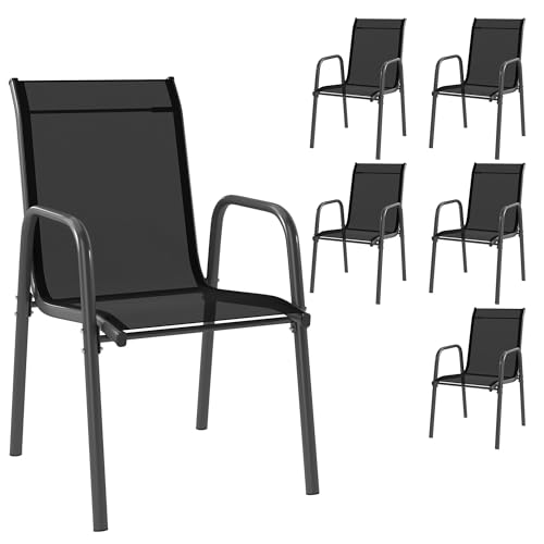 Outsunny Lot de 6 Chaises de Jardin Extérieures, Chaise de Salle à Manger Empilables avec Accoudoirs, Dossier Haut, Métal et Textilène, Fauteuil de Jardin Exterieur...