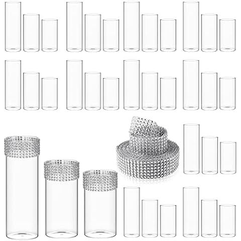 Glass Cylinder Vase Clear Multiple Size Glass Flower Vase Centerpieces with 6 Row 5 Yard Diamond Ribbon Rhinestone Ribbon for Home Event Party Wedding Table Centerpiece Wall Decor (Silver, 36 Pcs) Cover