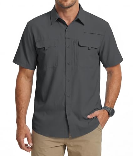 WULFUL Men's Sun Protection Fishing Shirts UPF 50+ Lightweight Quick Dry Cooling Short Sleeve Shirts for Work Hiking Safari Shadow Grey