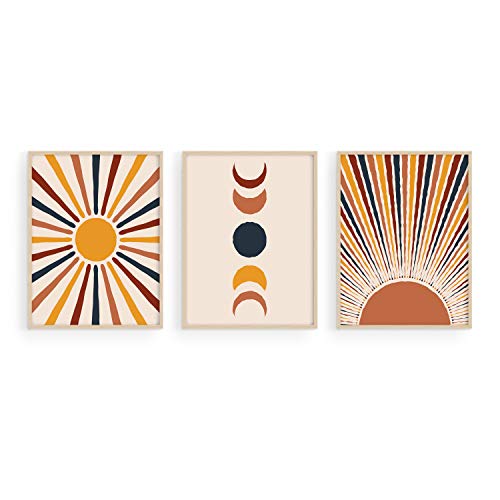 Haus and Hues Mid Century Modern Wall Art Boho Wall Decor - Set of 3 Sun Art Print Boho Wall Prints Mid Century Decor | Boho Posters and Prints Moon Wall Art Mid Century Modern Decor | UNFRAMED (11x14)