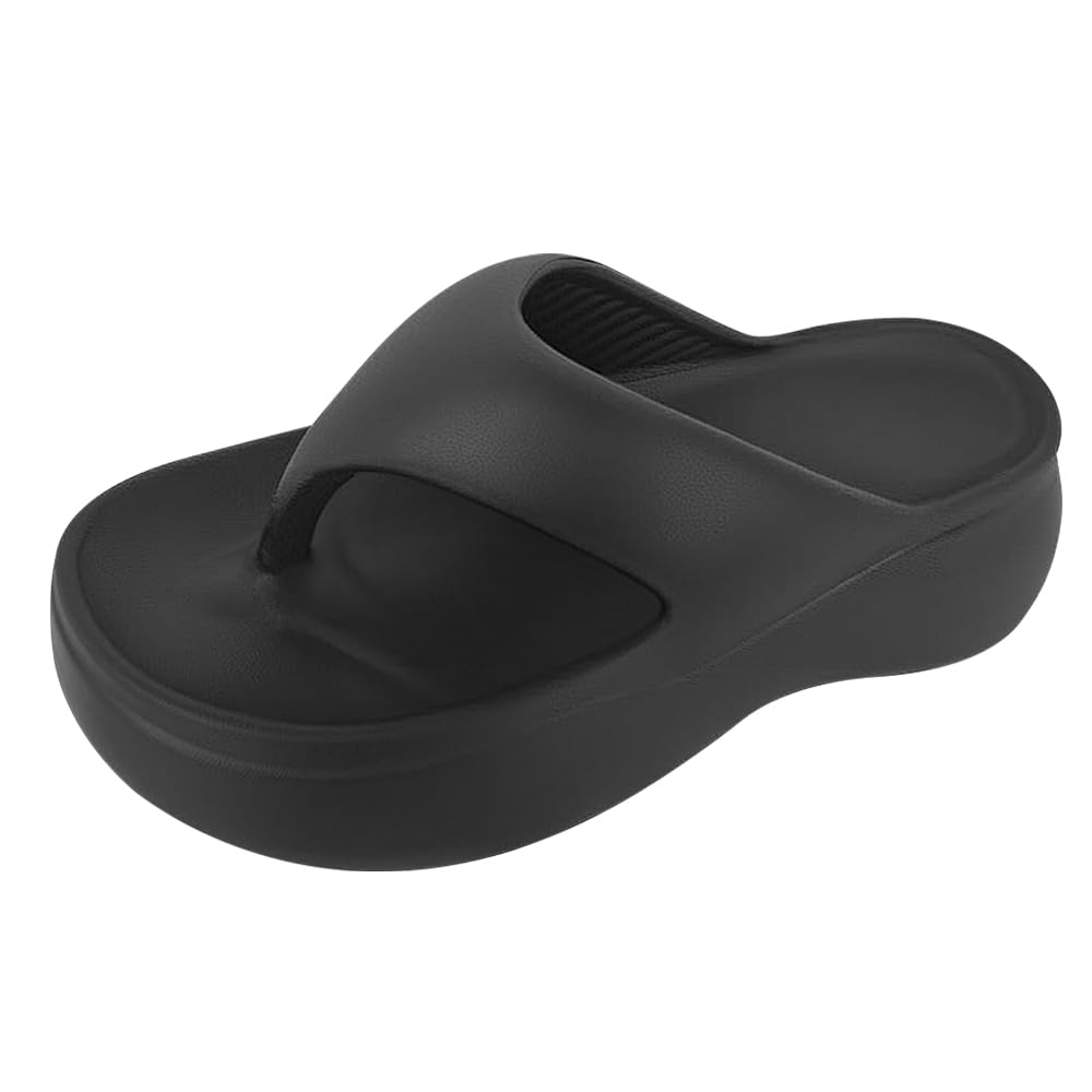 Black Flip Flops for Women Arch Support Cloud Comfy Lightweight 2.36 Inches Heel Thicken Sole Pillow Beach ShowerSlippers