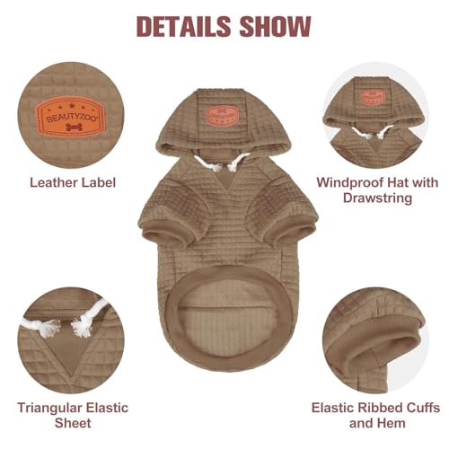 Image of BEAUTYZOO Small Dog Hoodie Sweater with Pockets, Dog Clothes for Small Medium Dogs Boy Girl, Waffle-Like Laminated Cotton Pet Coats with Hat and Leash Hole, Khaki XXS