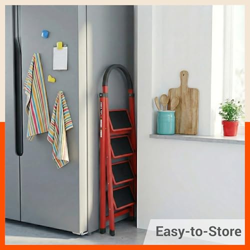 Image of Bathla Everest 4-Step Steel Ladder with Safety Hand Grip | Anti-Skid Wide Steps (30L x 20W cm) | Lightweight, Foldable Ladder for Home & Office | 150Kg Load Capacity | 2 Year Warranty (Red)