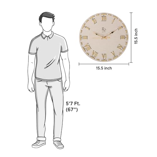 Image of Wooden Round Shape Roman Dial Wall Clock with Golden Hand & Golden Zari Rope Detailing | Silent Quartz Movement Anti Reflection Analog Vintage Clock for Office and Home (Ivory, 15.5 Inch)