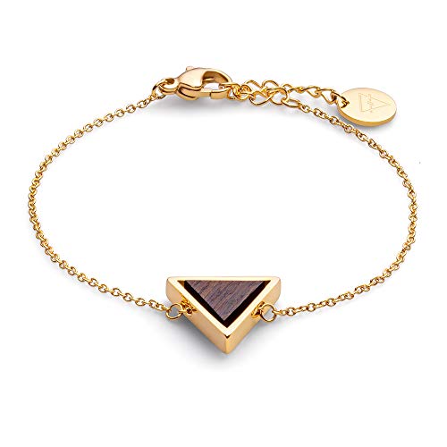 Kerbholz Holzschmuck – Geometrics Collection Triangle Bracelet, filigranes Frauen Armband in Gold mit Dreieck Anhänger, Schmuck aus Naturholz, größenverstellbar (Armbandlänge 15 + 2,5 cm)