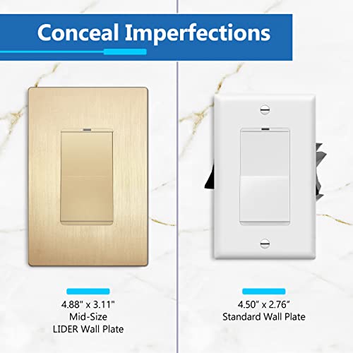 LIDER Brushed Finish Decorator Switch Cover, Screwless Wall Plate, Mid-Size 1-Gang 4.88" x 3.11", Unbreakable Polycarbonate Thermoplastic, UL Listed, LSWP-31M-BGD, Brushed Gold - Image 5