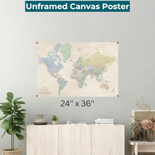 Image of Personalized Canvas Rolled Poster World Map Wall Art - Large 24 inch x 36 inch Sandy Dreams Map of the World - Push Pin Travel Decor for Home or Office