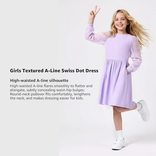 Little Bitty Girls Textured A-Line Swiss Dot Dress,Tulle Long Sleeve Ribbed Knit Crew Neck Midi Dress with Pockets Lilac 4-5Y — view 6