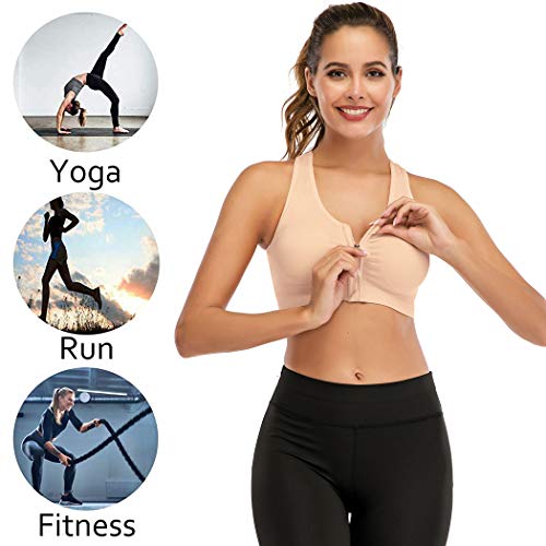 Florata Women's Sports Bra Wireless Post Surgery Bra Zip Front With Removable Pads Yoga Bra For Workout Fitness Beige #TOP2