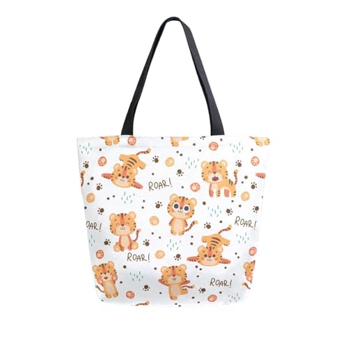 Cartoon Animal Cute Roar Tiger Canvas Tote Bag for Women with Zipper Pocket Reusable Grocery Shopping Bags Large Travel Shoulder Bag Handbag Bags