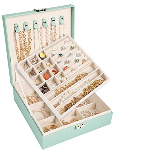 Mebbay 2 Layer Jewelry Box, Jewelry Organizer with Lock for Necklace Earrings Bracelets Rings, Mint Green
