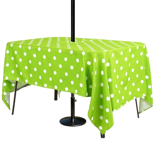 Image of Poise3EHome 60X84 Outdoor /Indoor Waterproof Spillproof Rectangle Tablecloth with Umbrella Hole for Camping, Picnic, Afternoon Tea, BBQ, Green Dot