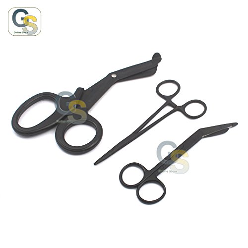 G.S Tactical Black EMT/Paramedic Tools with Bandage Scissors and Shears Including Lister Scissors, and A HEMOSTAT CLAMP Ideal Gift for Paramedics, EMT, Firefighter, Police and Nurse