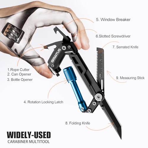Image of Carabiner Multitool with Pocket Knives, EDC Carabiners, Serrated Knife, Rope Cutter, Screwdriver, Can Bottle Opener, Ruler, Folding Knife for Camping Hiking, Stocking Stuffers Gifts for Men (Blue)