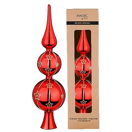 Merry Red - Punta de árbol de Navidad (cristal, 31 cm), diseño de estrellas, color rojo