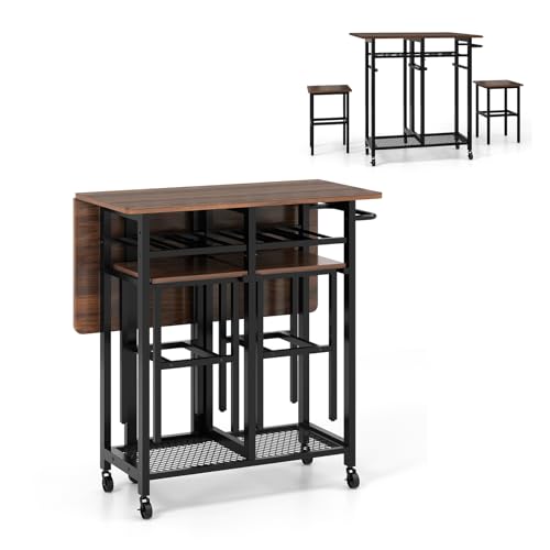 GIANTEX Carrito Móvil con Mesa Extensible de Hoja Abatible, Cuadrada Plegable de 3 Piezas con Estante para Vino, Estante Inferior y Manija de Empuje, 2 Taburetes y Ruedas Bloqueables(Nogal)