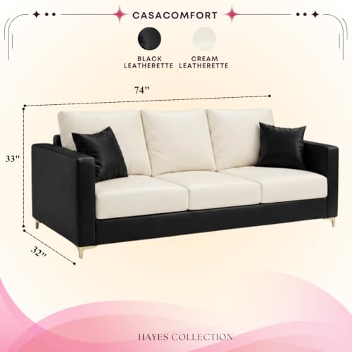 Image of Hayes Dual Tone Premium Leatherette 3 Seater Sofa | Golden Aesthetic Legs | Spacious Soft Touch Comfort Seating | Modern Sofa for Living Room (Black & Cream)