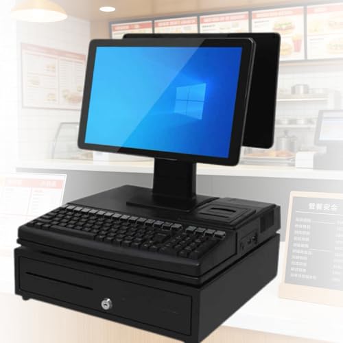 Azcabjie Caja Registradora Todo En Uno, Punto De Venta (Tpv) con Pantalla Táctil Inteligente para Restaurantes Y Comercios, Cajón De Efectivo, Pantalla Dual De 15,6