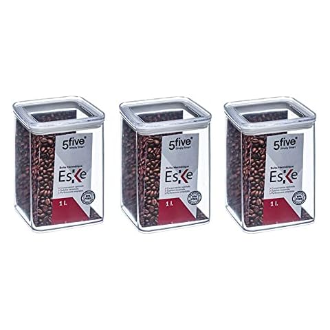 Set of 3 1L AIRTIGHT Dry Food Storage CONTAINERS - Clear Kitchen Pantry Jars 1000ml BPA Free Plastic Dry Food Storage - Stackable Canisters with Airtight Lids for Flour, Cereal, Spaghetti, Pasta etc Cover