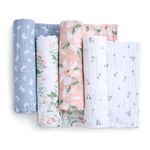 Image of aden + anais Essentials Cotton Muslin Swaddle, Breathable Baby Blanket, Ideal for Boys, Girls, Newborns, Babies & Infants, Receiving Blanket, Soft and Lightweight Wrap, 4 Pack, Butterfly Garden