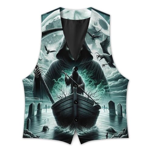 Grim Reaper with Scythe on A Boat Men's Suit Vest Slim Fit V-Ncek Waistcoat Business Casual Vest3