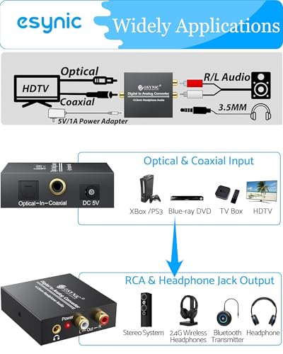 eSynic 192KHZ Digital to Analog Audio Adapter Portable DAC Converter-Aluminum Alloy Plug&Play Optical to RCA & 3.5mm Adapter from HDTV/DVD/Blu-Ray/Gaming Consoles to 3.5mm & L/R Stereo Audio System