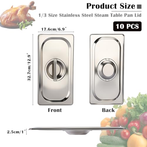 BSTKEY 10 Pack 1/3 Steam Table Pan Covers Stainless Steel Hotel Pan Lid with Handle, Catering Food Pan Cover,Hotel Pan Cover