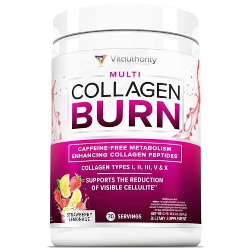Multi Collagen Burn: Hydrolyzed Protein Peptides with Hyaluronic Acid Vitamin C SOD B Dimpless Types I II III V and X Caffeine-Free Strawberry Lemonade Flavored 30 Servings