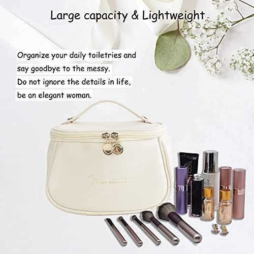 Image of ARLICORPING Makeup Storage Bag,Portable Cosmetic Bag,Pu Leather Multifunctional Vanity Bag for Makeup,Cosmetic Brush Case,Cosmetic Travel Bag for Women Organization Bag with Handle(Off White),11 cm