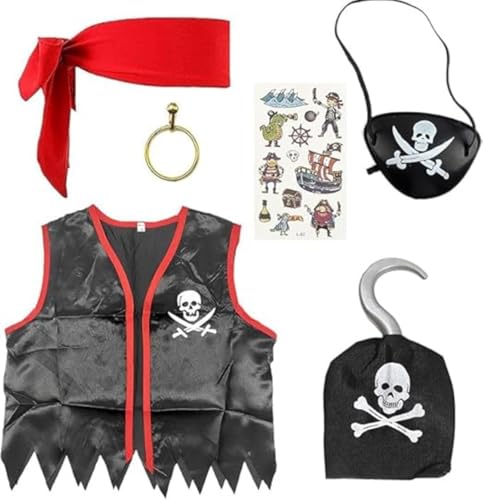 Disfraz Pirata Niño O Disfraz Pirata Niña. Accesorios Pañuelo Pirata + Garfio + Parche Pirata+ Chaleco Pirata+ Pendiente + Tatuajes. Disfraz Niño Carnaval, Navidad, Halloween O Cumpleaños.