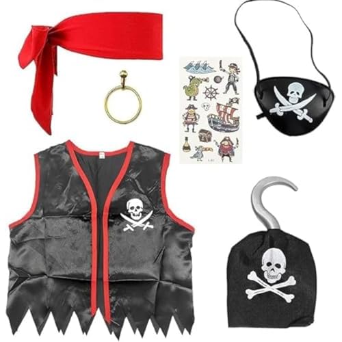 Disfraz Pirata Niño O Disfraz Pirata Niña. Accesorios Pañuelo Pirata + Garfio + Parche Pirata+ Chaleco Pirata+ Pendiente + Tatuajes. Disfraz Niño Carnaval, Navidad, Halloween O Cumpleaños.