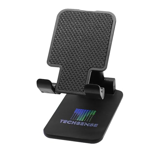 TECH SENSE Foldable Phone Stand for Desk, Height Adjustable Phone & Universal Mobile Holder for iPhone 17/16/15/14 Pro Max, Air, 13 12 Pro Max Mini, 11 Pro, Xs/XR/X, Galaxy, All Mobile Phones (Black)