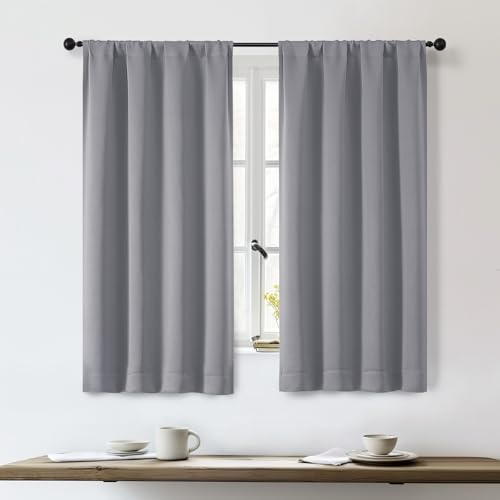 OWENIE Sally Silver Grey Short Blackout Curtains for Bedroom Living Room 54 Inch Length 2 Panels Set, Solid Thermal Insulated Energy Saving Window Treatment Curtains Blackout Drapes, W40 x L54, Silver